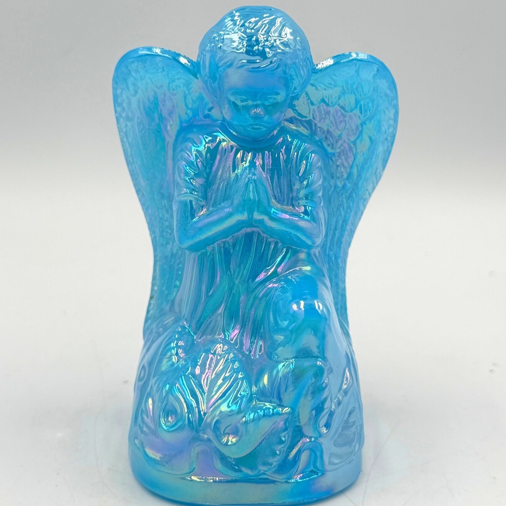 Boyd Crystal Art Glass Kneeling‎ Angel Peacock Blue Carnival Figurine Signed